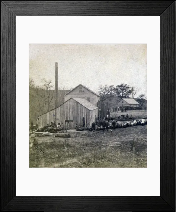 Framed Print : Native Americans and others outdoors at timber mill and shop. ca. 1860 Framed Print : Native Americans and others outdoors at timber mill and shop. ca. 1860