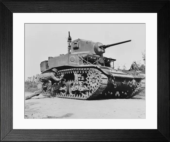 Framed Print : World War II, Sergeant Carl Hardy, stalking a tank on maneuvers with the Second Army in middle Tennessee