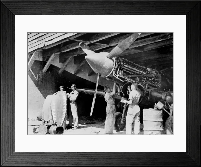 Framed Print : World War II, ground crews of American Air Forces keep the engines tuned up for the Flying Tigers. Corporals J.B. Woodville, R.W. Berlansky, C.E. Lehman, and Sergeant C.E