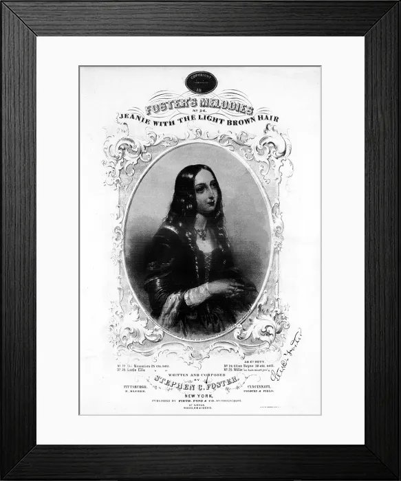 Framed Print : Jeanie With The Light Brown Hair, song by Stephen Foster, sheet music featuring a portrait of Foster's wife Jane McDowall, 1854 Framed Print : Jeanie With The Light Brown Hair, song by Stephen Foster, sheet music featuring a portrait of Foster's wife Jane McDowall, 1854