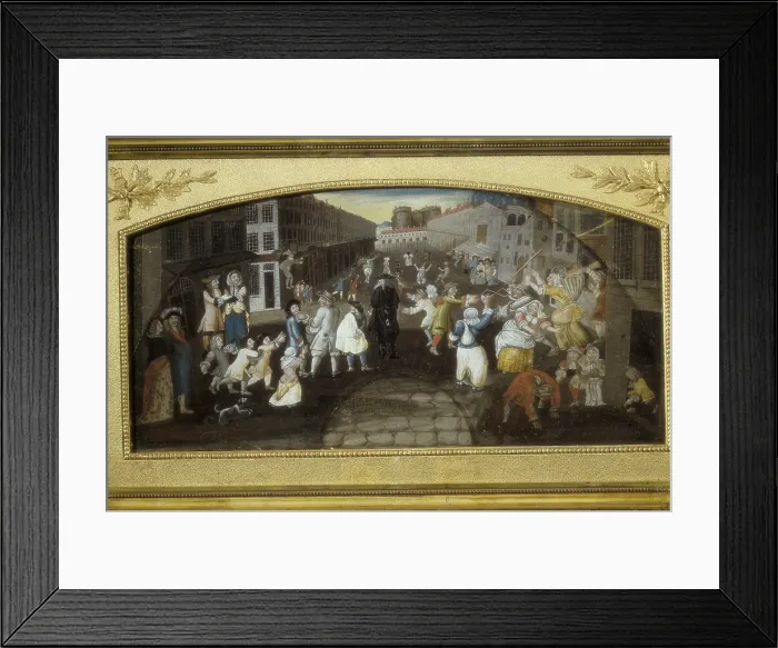 Framed Print : The farces of Faubourg Saint Antoine street (18th c.). In the background, the Prison of the Bastille. Painting. FRANCE. Paris. Muse Carnavalet (Carnavalet Museum)