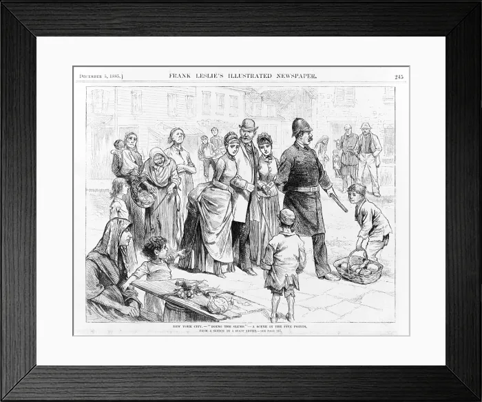 Framed Print : New York City. Among the poor. Policeman leading upper class people through the Five Points neighborhood. 1885