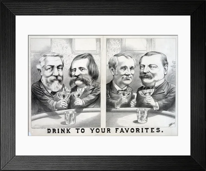 Framed Print : Election of 1884. James G. Blaine and John A. Logan toasting each other, and of Grover Cleveland and Thomas A. Hendricks toasting each other