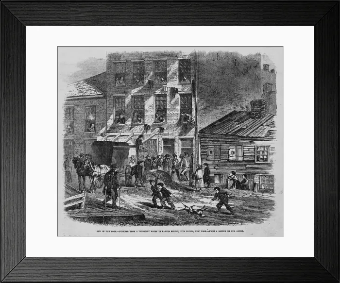 Framed Print : New York City. A group of people gathered outside tenement house watch men carry out a coffin; in the street, two boys drag a dog by one leg.n Baxter Street, Five Points. 1865