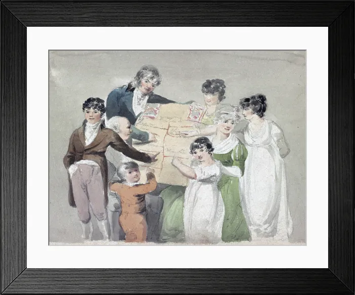 Framed Print : Family group - Smith, his wife and six children pointing at examples of their work. ca. 1809