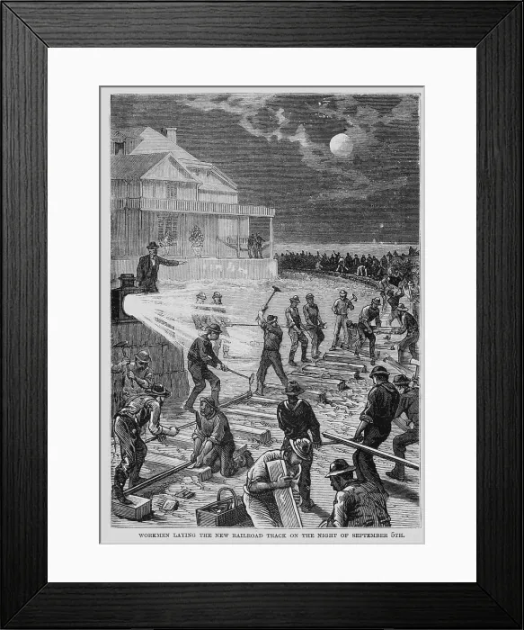 Framed Print : Workmen laying the new railroad track on the night of September 5th. New Jersey, 1881