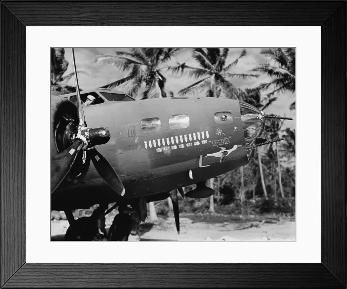 Framed Print : World War II, original caption: The Flying Fortress Goonie has seven Jap Zeros to her credit in 15 combat missions in the South Pacific Framed Print : World War II, original caption: The Flying Fortress Goonie has seven Jap Zeros to her credit in 15 combat missions in the South Pacific