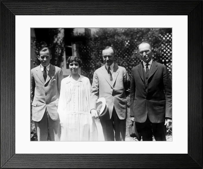 Framed Print : John Coolidge, Grace Coolidge, President Calvin Coolidge and Col. John Coolidge walking on the White House grounds, circa 1923. Courtesy: CSU Archives / Everett Collection