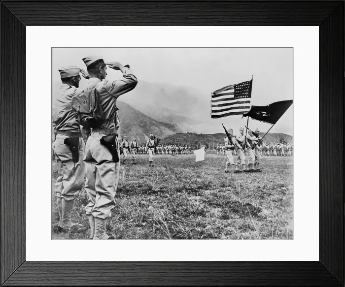 Framed Print : World War II, Brigadier General E.B. Sebree, and Colonel Bryant E. Moore reviewing troops in New Caledonia prior to their embarkation for duty in the Solomons, circa 1942