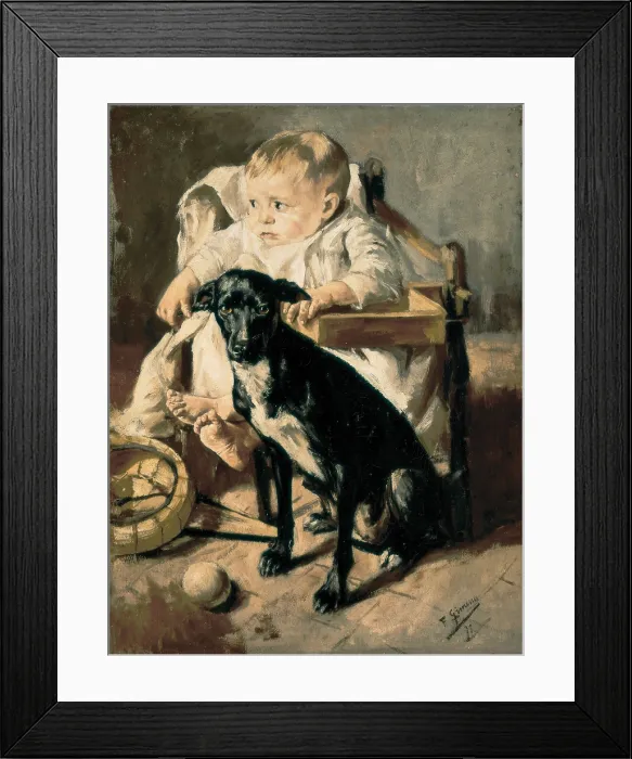 Framed Print : GIMENO I ARASAFrancesc (1858-1927). La pequea y el buen compaero. 1891. Oil on canvas. SPAIN. Monistrol de Montserrat. Museum of Montserrat