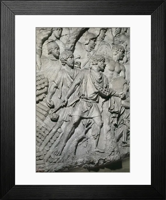 Framed Print : APOLLODORUS OF DAMASCUS (60-129). Column of Trajan. 110; Theodosius Obelisk. 390. ITALY. Rome. Forum of Trajan. First Dorian War. Third Campaign. Dacian slingers. Roman art