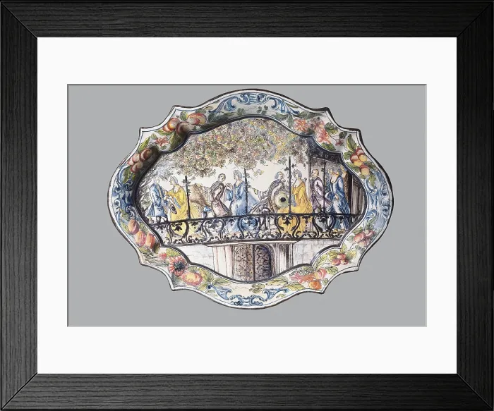 Framed Print : Plate of Venetian maiolica with scene of dance (18th c.). Made by the factory BertoliniMurano. Ceramics. AISA / Everett Collection (57081)**US SALES ONLY**