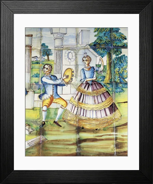 Framed Print : Panel of Valencian glazed tiles with musical scene (18th c.). Ceramics. SPAIN. Valencia. 'Gonzalez Marti' National Ceramics Museum