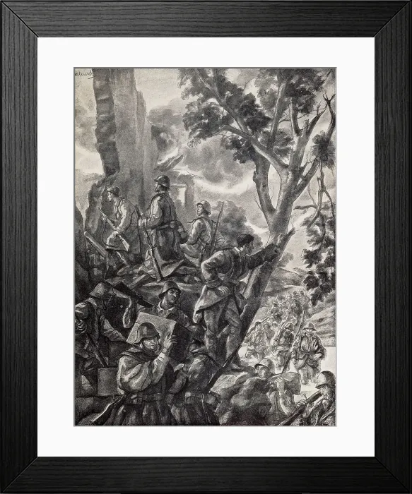 Framed Print : Spanish Civil War (1936-1939). Reconquest of Tardienta (Huesca) by nationalist troops (March 1938). Drawing by Carlos Senz de Tejada. Drawing