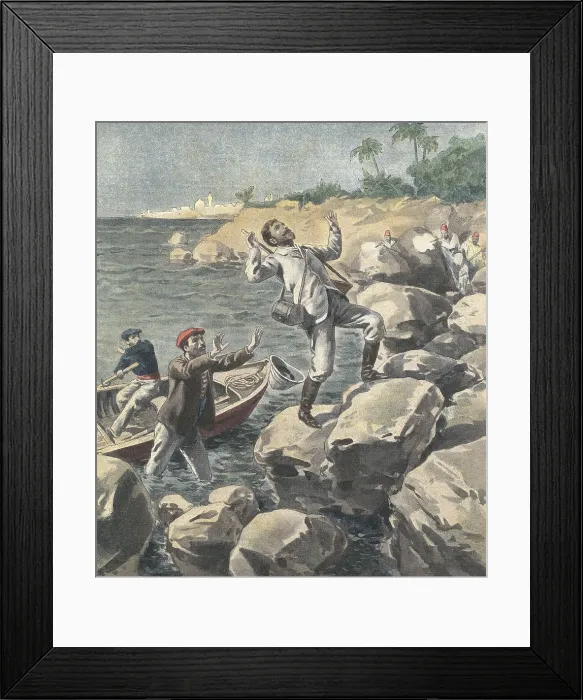 Framed Print : Morocco (1901). Murder of Monsieur Pouzet on the Rif coast by pirates. Illustration from 'Le Petit Journal' (April 281901). Engraving