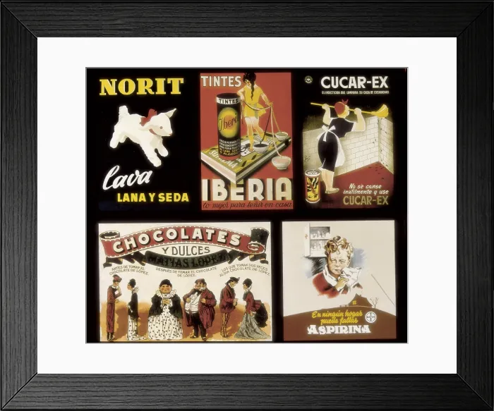 Framed Print : Advertising posters of Norit, Tintes Iberia, Cucar-ex, Chocolates Matas Lpez and Aspirina Bayer. AISA / Everett Collection - Image has fine art copyright