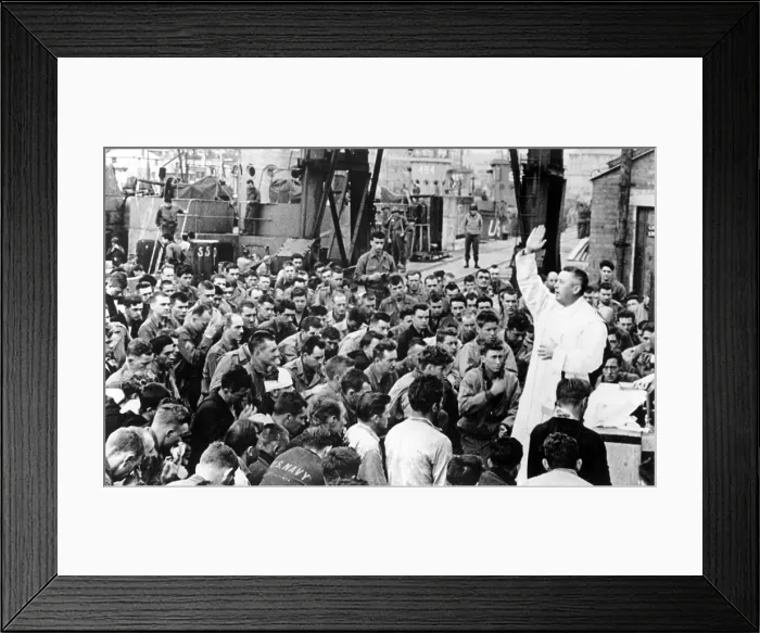 Framed Print : Father Edward Waters (right), conducts dockside services for the 1st Division Assault Troops before they leave for Omaha Beach, Normandy, France, 1944