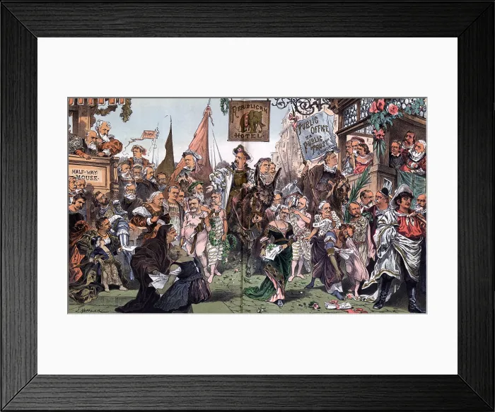 Framed Print : Grover Cleveland riding the Democratic donkey past the 'Republican R.R.R. Hotel' on the way to his inauguration, 1885