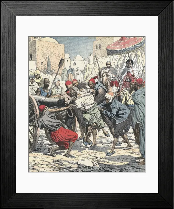 Framed Print : Morocco. An Algerian is tied to a cannon's mouth before making a shot. 'Le Petit Journal'. May 271906.. Engraving