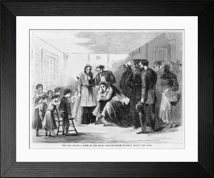 Framed Print : New York City. A mother is reunited with her child at the police head-quarters, Mulberry Street, New York. 1866