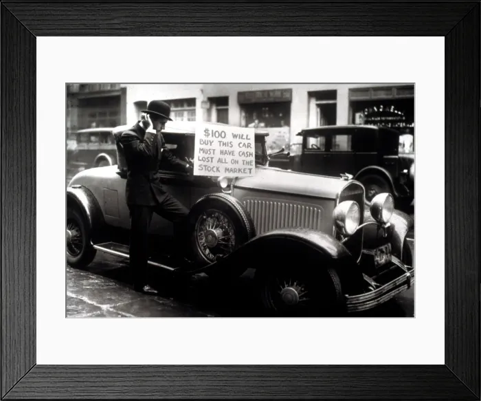 Framed Print : Man trying to sell his expensive car for $100 after being wiped out in the Stock Market Crash, 1929.. Courtesy: CSU Archives / Everett Collection Framed Print : Man trying to sell his expensive car for $100 after being wiped out in the Stock Market Crash, 1929.. Courtesy: CSU Archives / Everett Collection