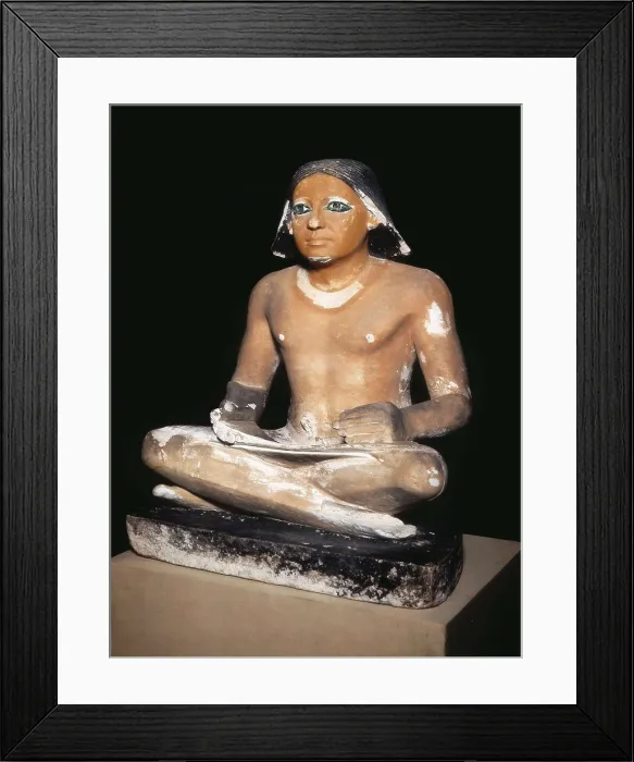 Framed Print : Scribe seated cross-legged holding a papyrus scroll. 2475 BC. 5th Dynasty. Painted limestone. Egyptian art. Old Kingdom. Sculpture on rock. EGYPT. Cairo. Egyptian Museum Framed Print : Scribe seated cross-legged holding a papyrus scroll. 2475 BC. 5th Dynasty. Painted limestone. Egyptian art. Old Kingdom. Sculpture on rock. EGYPT. Cairo. Egyptian Museum