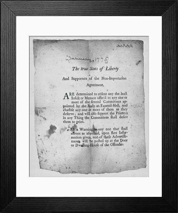 Framed Print : The American Revolution. Broadside encouraging action by the Sons Of Liberty. Boston 1768