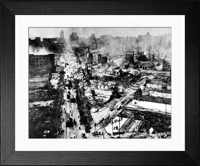 Framed Print : San Francisco, Aftermath of Earthquake and fire, Looking up Market Street at the smouldering city from the Ferry Building, 4 / 23 / 06. Courtesy: CSU Archives / Everett Collection Framed Print : San Francisco, Aftermath of Earthquake and fire, Looking up Market Street at the smouldering city from the Ferry Building, 4 / 23 / 06. Courtesy: CSU Archives / Everett Collection