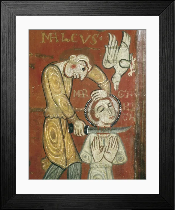 Framed Print : Altar frontal from Santa Margarida de Vilaseca. 2nd half 12th c. Lower right detail. Throat Cutting of Saint Margaret. Romanesque art. Tempera on wood. SPAIN. Vic