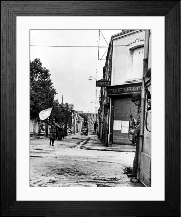Framed Print : FRANCE--Defenders of a pillbox guarding a street in Cherbourg, German soldiers surrender, waving a white flag, after being knocked out of their position by allied tank fire Framed Print : FRANCE--Defenders of a pillbox guarding a street in Cherbourg, German soldiers surrender, waving a white flag, after being knocked out of their position by allied tank fire