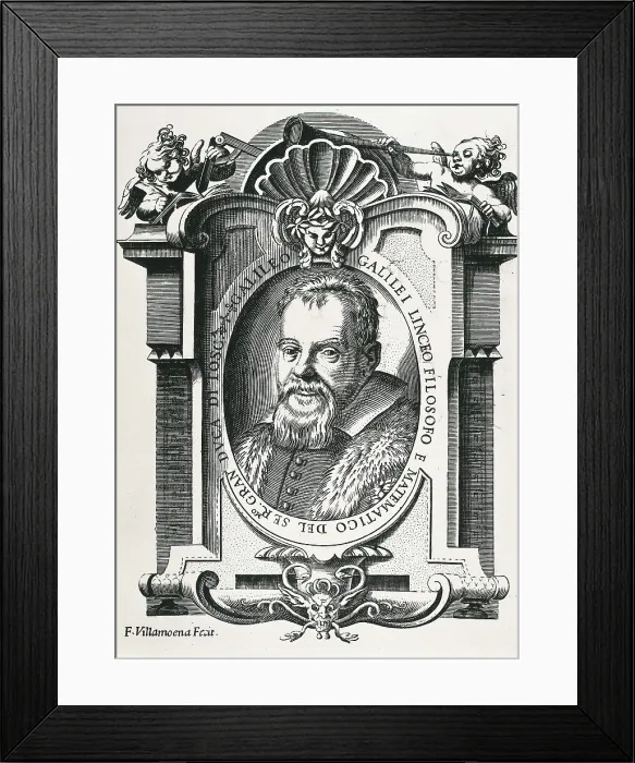 Framed Print : GALILEO, Galileo Galilei, called (1564-1642). Portrait of Galileo with a frame surrounding it and an inscription: GALILEO GALILEI LINCEO FILOSOFO E MATEMATICO DEL SERMO