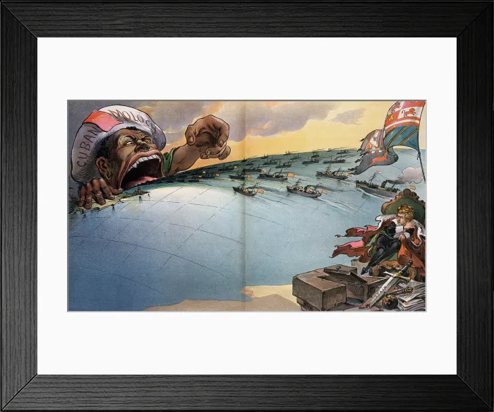 Framed Print : The Cuban rebellion. King Alfonso XIII of Spain cowers on a throne as Cuban Moloch prepares to devour the Spanish Fleet. 1898 Framed Print : The Cuban rebellion. King Alfonso XIII of Spain cowers on a throne as Cuban Moloch prepares to devour the Spanish Fleet. 1898