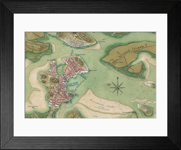 Framed Print : The American Revolution. Detail of: A plan of the town of Boston and its environs, with the lines, batteries, and incampments of the British and American armies. 1776