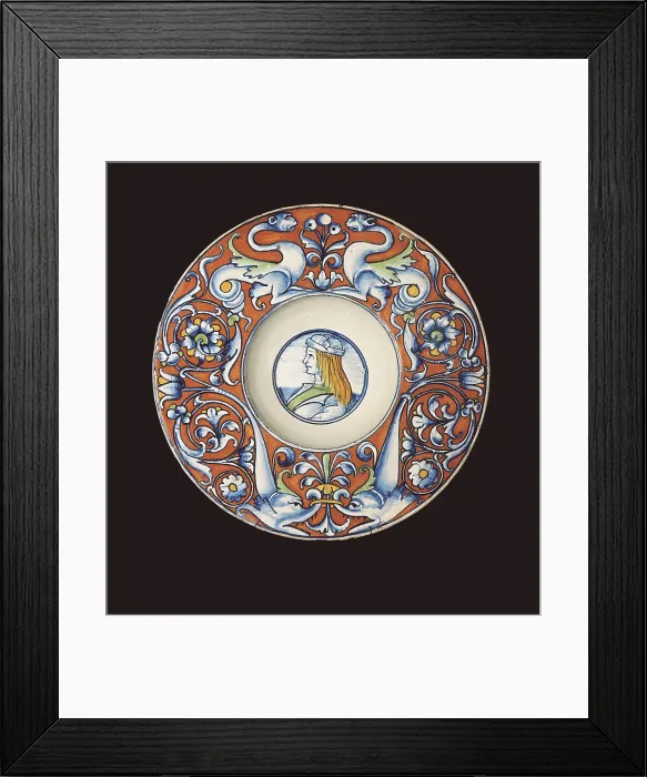 Framed Print : Plate with man's portrait. Ceramics of Castel (1500) painted by Giovanni Maria. Ceramics. UNITED KINGDOM. London. Victoria and Albert Museum