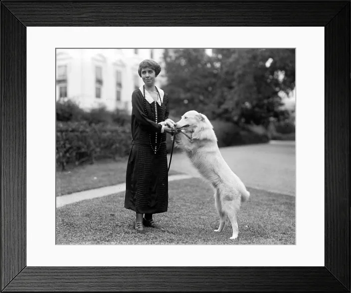 Framed Print : First Lady Mrs. Grace Coolidge with her dog, 'Rob Roy' on the White House Lawn. September 26, 1924