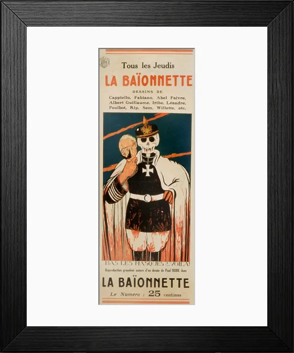 Framed Print : La Baionnette, a weekly satirical journal for French soldiers at the front. The cover shows a skeleton in a German military uniform holding a mask of Kaiser Wilhelm Framed Print : La Baionnette, a weekly satirical journal for French soldiers at the front. The cover shows a skeleton in a German military uniform holding a mask of Kaiser Wilhelm