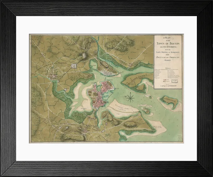 Framed Print : The American Revolution. A plan of the town of Boston and its environs, with the lines, batteries, and incampments of the British and American armies. 1776 Framed Print : The American Revolution. A plan of the town of Boston and its environs, with the lines, batteries, and incampments of the British and American armies. 1776