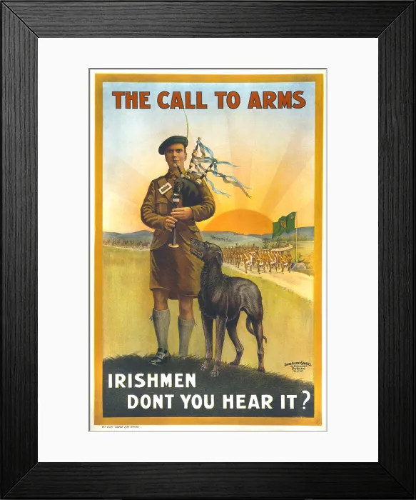 Framed Print : World War I, Irish military recruitment poster showing a kilted Irish soldier playing bagpipes, beside him a dog, with troops in background. The text reads: The call to arms