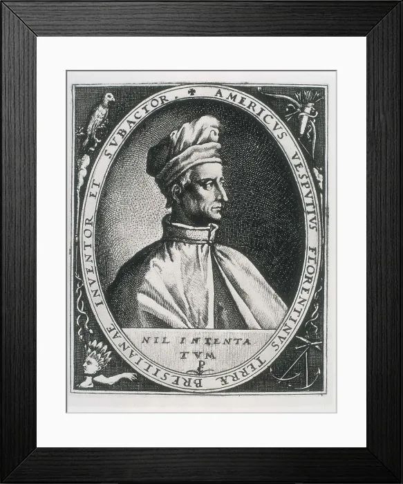 Framed Print : VESPUCCI, Amerigo (1454-1512). Portrait surrounded by the inscription: 'Americus Vesputius Florentinus Terrae Bresilianae Inventoret Subactor'. Engraving Framed Print : VESPUCCI, Amerigo (1454-1512). Portrait surrounded by the inscription: 'Americus Vesputius Florentinus Terrae Bresilianae Inventoret Subactor'. Engraving