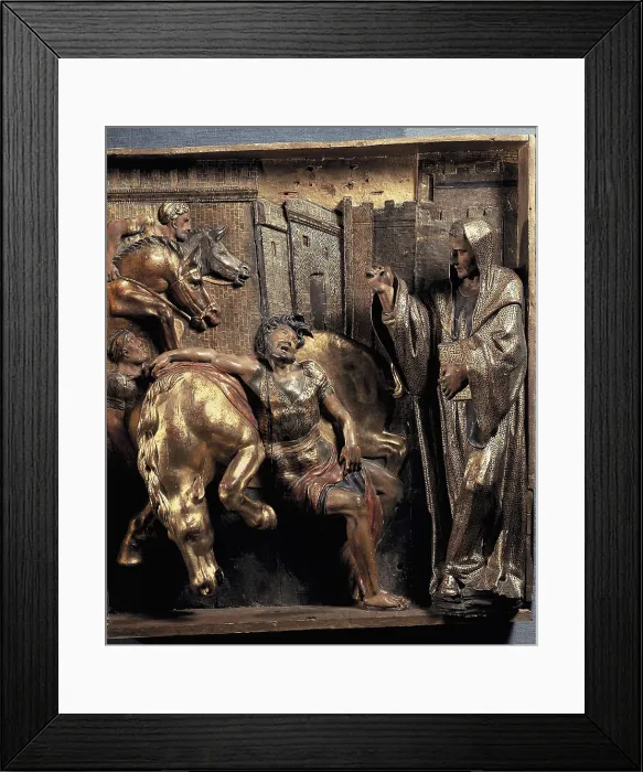 Framed Print : BERRUGUETE, Alonso (1480-1561). Altarpiece of San Benito el Real. 1526. Saint Paul's Conversion. Polychromatic relief. Renaissance art. Sculpture. SPAIN. Valladolid