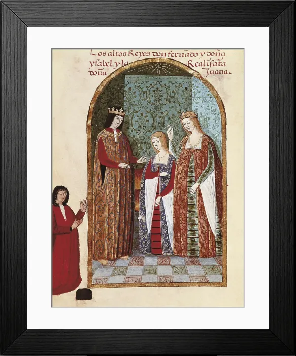 Framed Print : Illustration of the 'Devotionary of Joanna the Mad' by Pedro Marcuello. Representation of Joanna together with her fathers Isabel of Castile and Ferdinand of Aragon Framed Print : Illustration of the 'Devotionary of Joanna the Mad' by Pedro Marcuello. Representation of Joanna together with her fathers Isabel of Castile and Ferdinand of Aragon