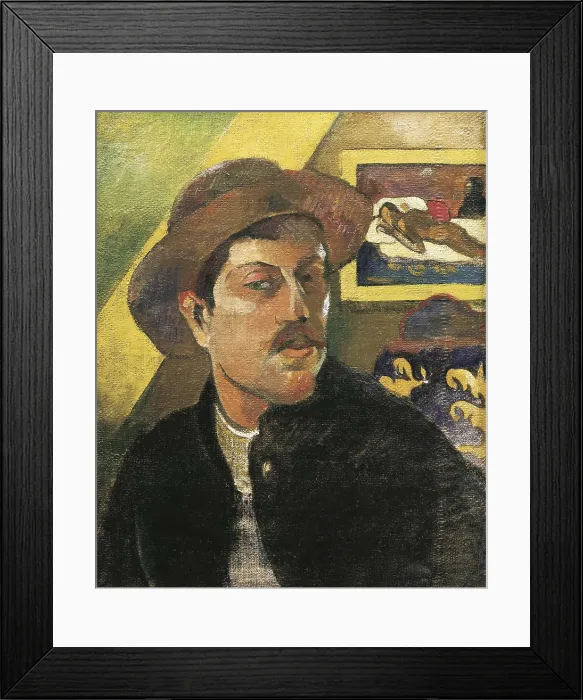Framed Print : GAUGUIN, Paul (1848-1903). Self Portrait in a Hat. 1893 - 1894. Portrait in Montparnasse's workshop. In the background there is his painting 'Manao Tupapau'