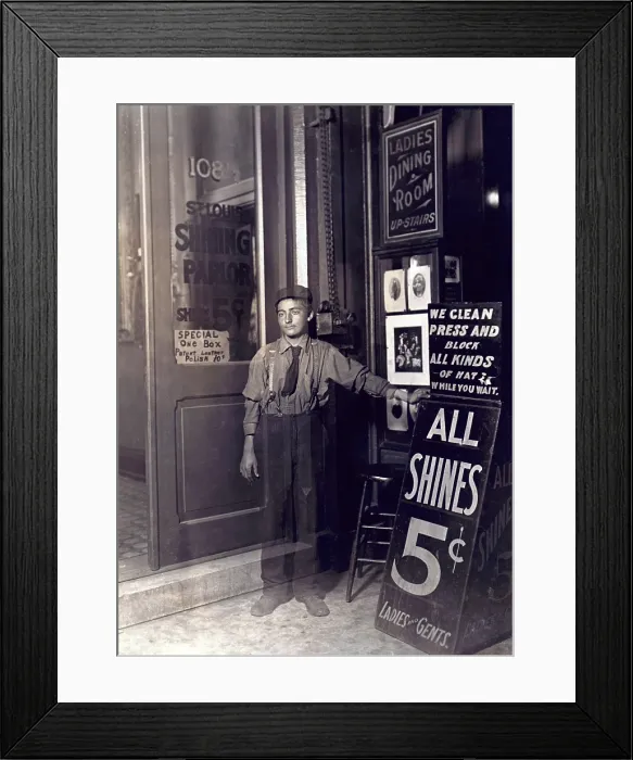 Framed Print : Child labor, Greek Bootblack, Indianapolis, Indiana. photograph by Lewis Wickes Hine, Aug, 1908