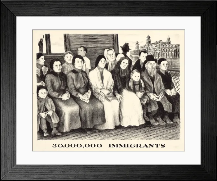 Framed Print : Immigrants. shows a group of Immigrants either waiting at an immigration station or enroute to New York City from Ellis Island; the Statue of Liberty is visible in the background