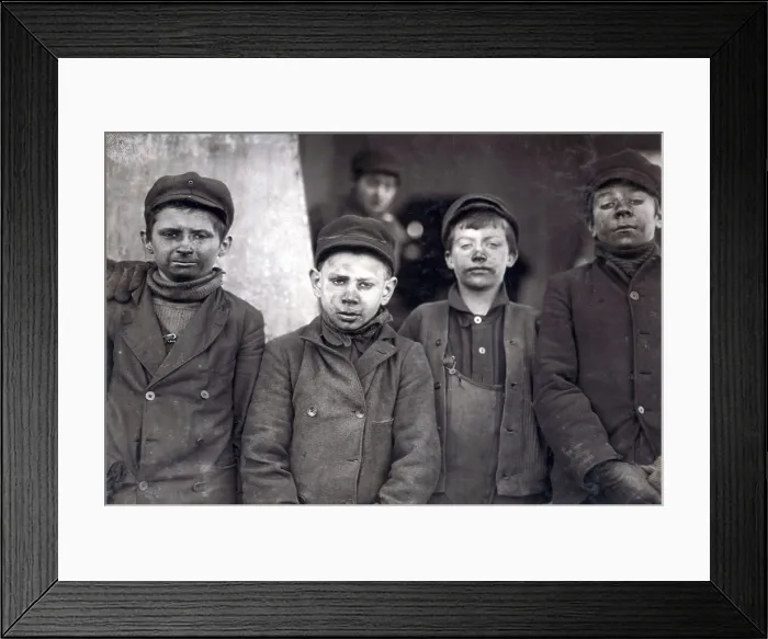 Framed Print : Child laborers portrayed by Lewis Hine in 1911. Dust covered Breaker boys at Pennsylvania Coal mine, Pittston, Pennsylvania. January, 1911 Framed Print : Child laborers portrayed by Lewis Hine in 1911. Dust covered Breaker boys at Pennsylvania Coal mine, Pittston, Pennsylvania. January, 1911