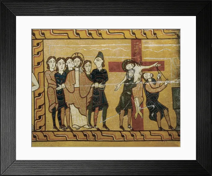 Framed Print : Kiss of Judas, Arrest and Descent of Christ. end 12th c. Altar side. Right detail. Romanesque art. Tempera on wood. SPAIN. Solsona. Diocesan and Regional Museum. Proc: SPAIN