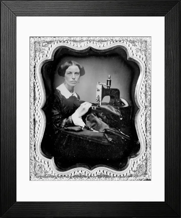 Framed Print : Occupational portrait of a woman working at a sewing machine, sixth-plate daguerreotype, circa 1853 Framed Print : Occupational portrait of a woman working at a sewing machine, sixth-plate daguerreotype, circa 1853