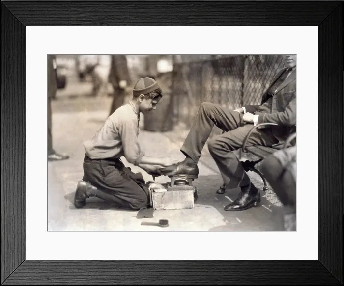 Framed Print : Child labor. Tony, a twelve year old bootblack at his station in Bowling Green, New York City. photograph by Lewis Wickes Hine, July, 1924 Framed Print : Child labor. Tony, a twelve year old bootblack at his station in Bowling Green, New York City. photograph by Lewis Wickes Hine, July, 1924