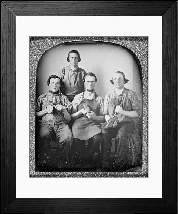 Framed Print : Occupational group portrait of four cobblers, holding shoes and shoe making equipment. sixth plate daguerreotype ca 1840-1860 Framed Print : Occupational group portrait of four cobblers, holding shoes and shoe making equipment. sixth plate daguerreotype ca 1840-1860
