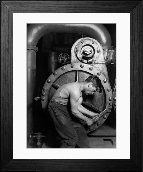 Framed Print : Power house mechanic working on steam pump. Photo by Lewis Hine, 1920 Framed Print : Power house mechanic working on steam pump. Photo by Lewis Hine, 1920
